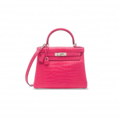 HERMÈS MASTER PINK ALLIGATOR RETOURNÉ KELLY 25 WITH PALLADIUM HARDWARE (25*17*7cm) 